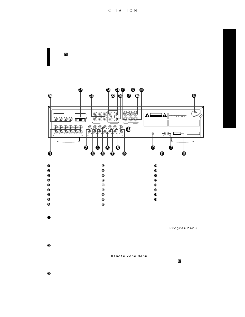 Rear panel connections, ª ‚ ⁄ ‹ fi fl ‡ a b c · ° d f e g, Button | Buttons, On the remote control, Master power, Analog audio inputs, Remote zone outputs, Remote zone indicator, Record outputs | Citation Stereo Receiver User Manual | Page 15 / 72