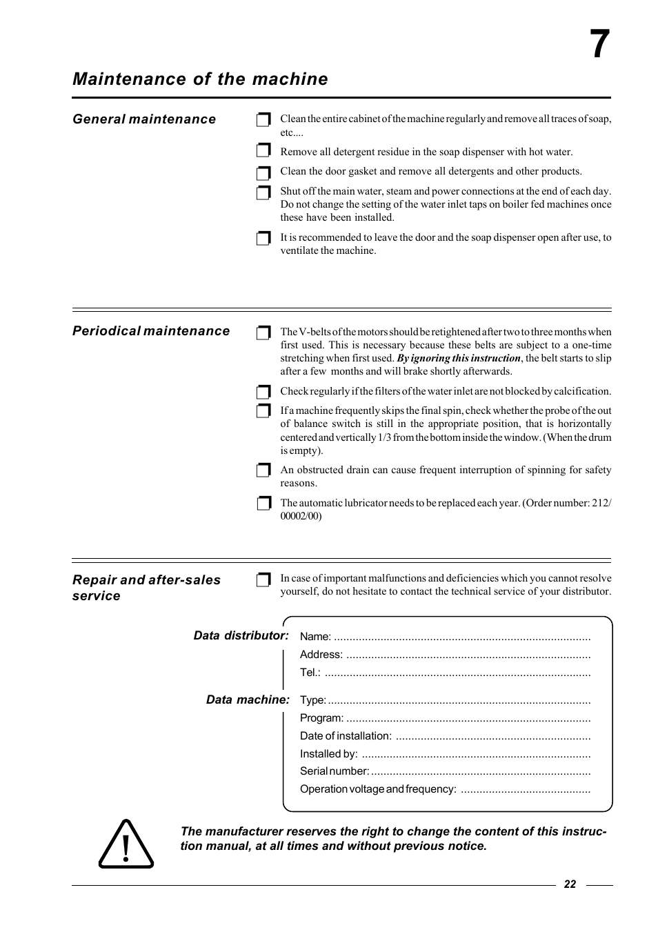 Maintenance of the machine | Cissell HF 234 User Manual | Page 22 / 22