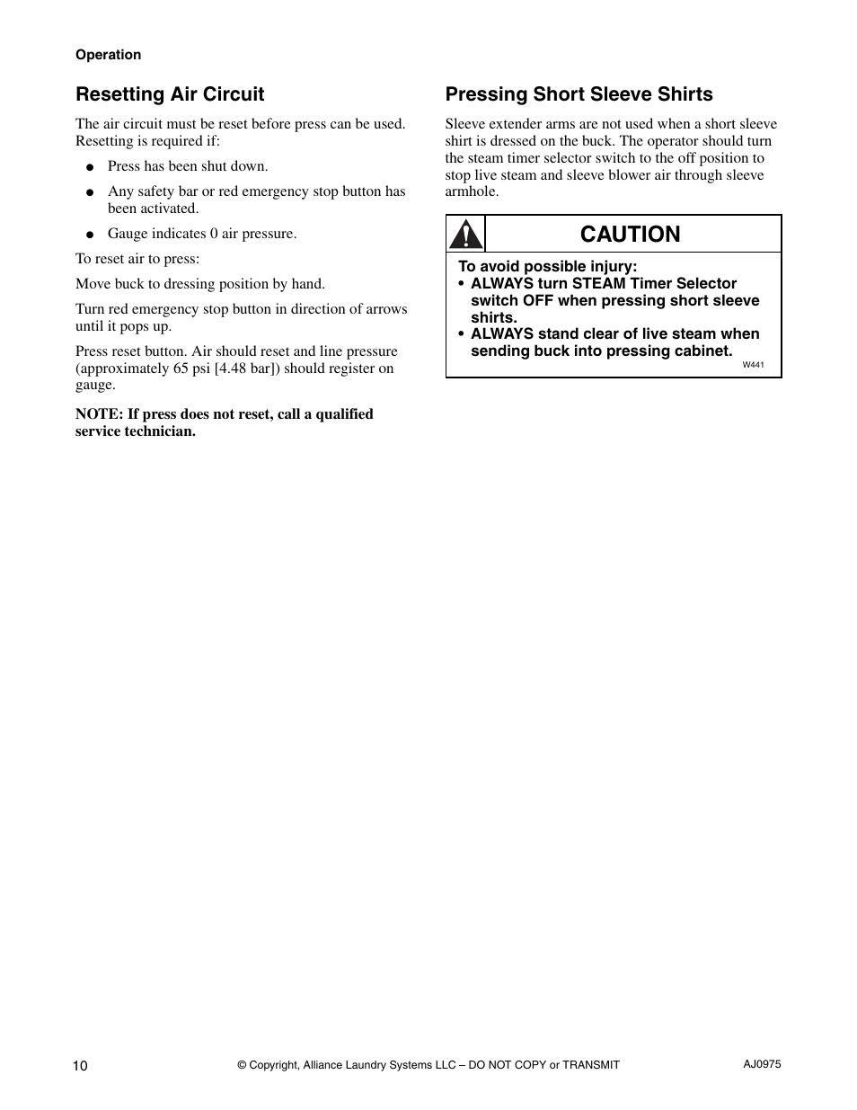 Resetting air circuit pressing short sleeve shirts, Caution, Resetting air circuit | Pressing short sleeve shirts | Cissell CAB438C User Manual | Page 12 / 32