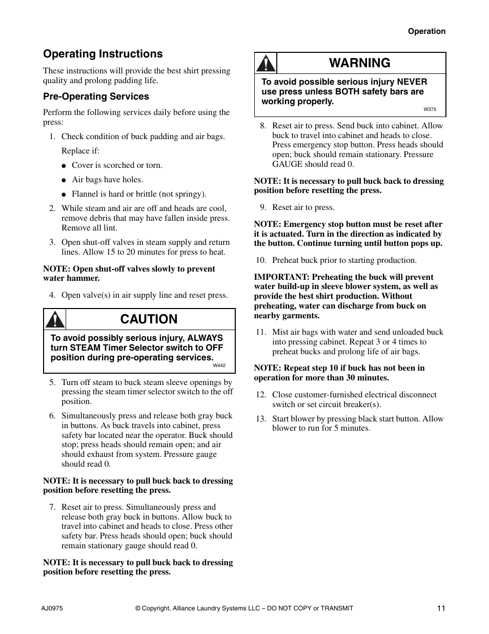 Operating instructions, Pre-operating services, Caution | Warning | Cissell CAB438C User Manual | Page 13 / 32