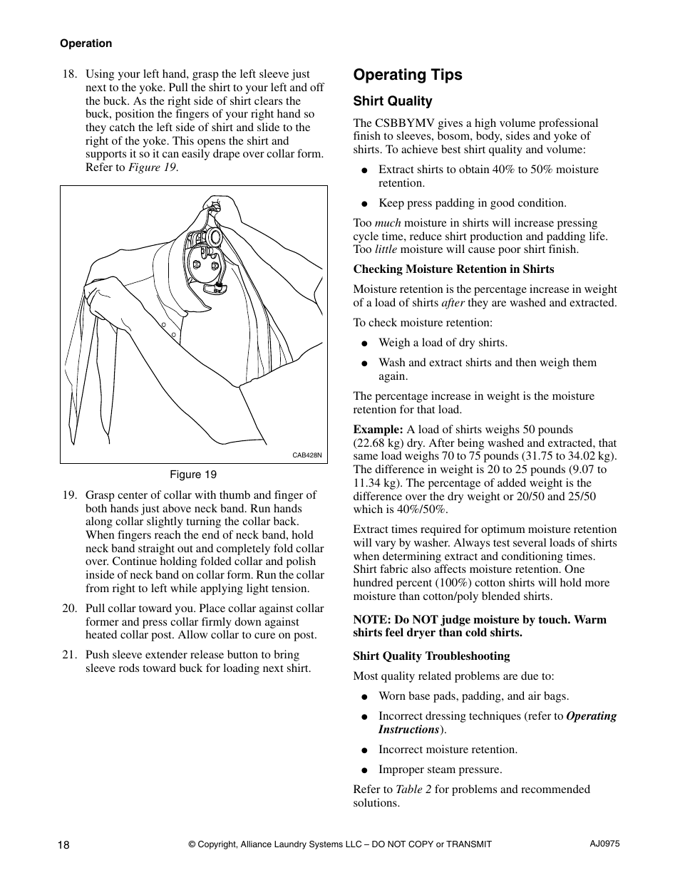Operating tips, Shirt quality | Cissell CAB438C User Manual | Page 20 / 32