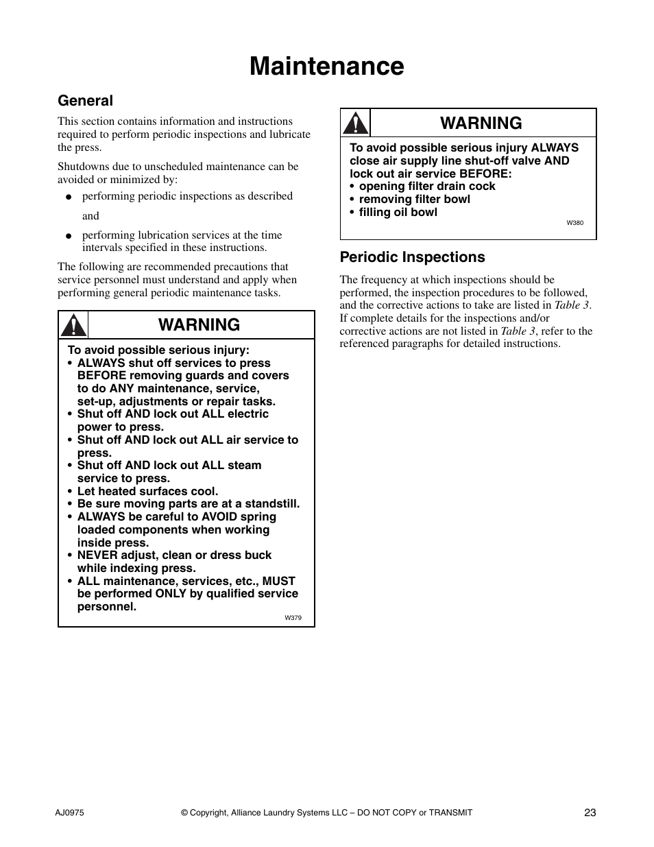 Maintenance, General periodic inspections, Warning | General, Periodic inspections | Cissell CAB438C User Manual | Page 25 / 32