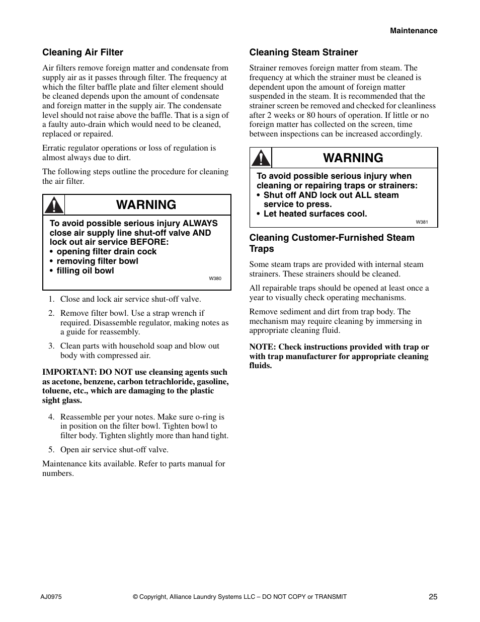 Warning | Cissell CAB438C User Manual | Page 27 / 32