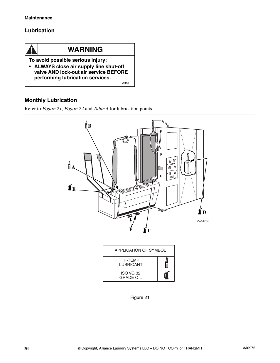 Lubrication, Warning | Cissell CAB438C User Manual | Page 28 / 32