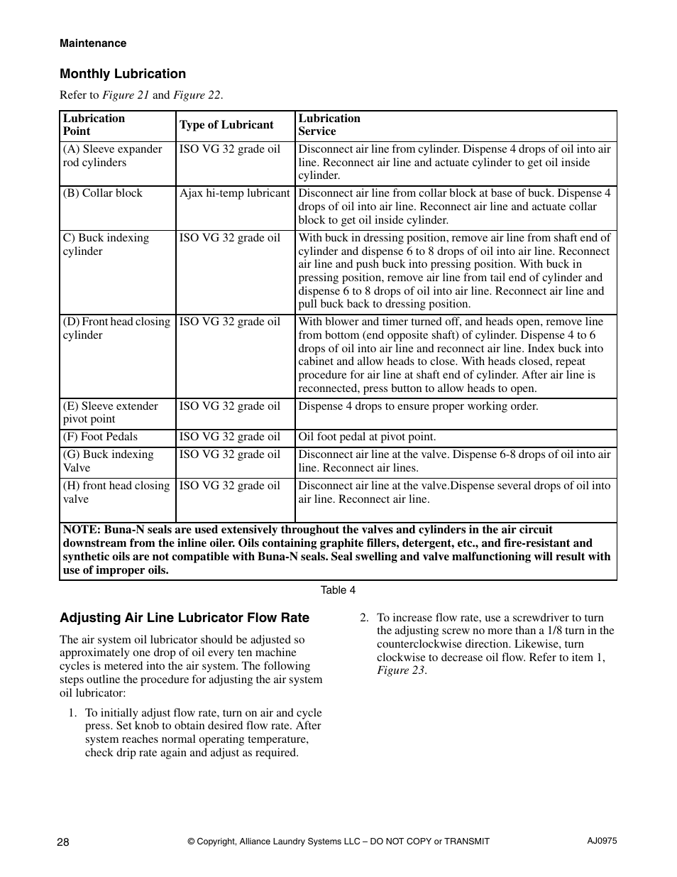 Monthly lubrication, Adjusting air line lubricator flow rate | Cissell CAB438C User Manual | Page 30 / 32