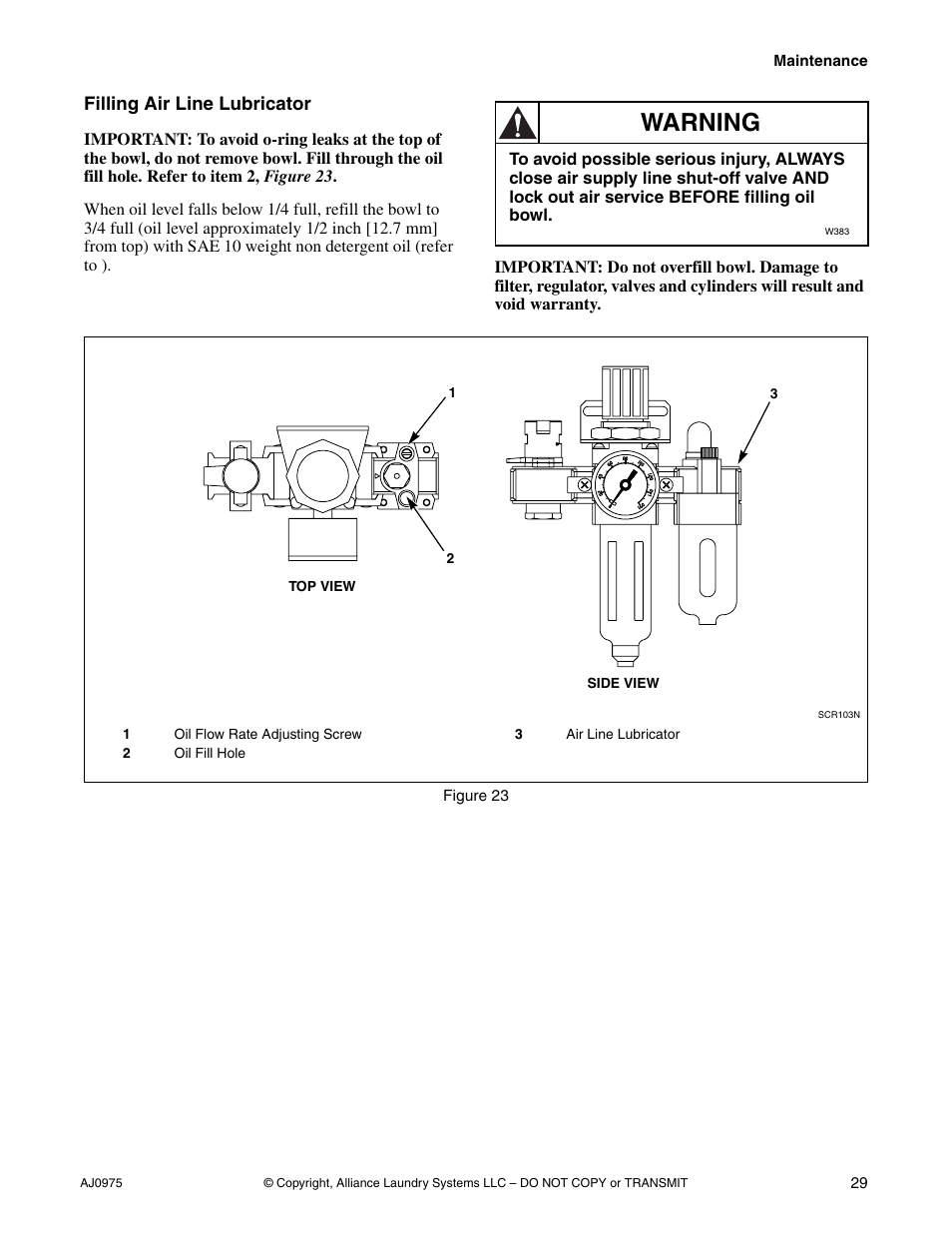Filling air line lubricator, Warning | Cissell CAB438C User Manual | Page 31 / 32