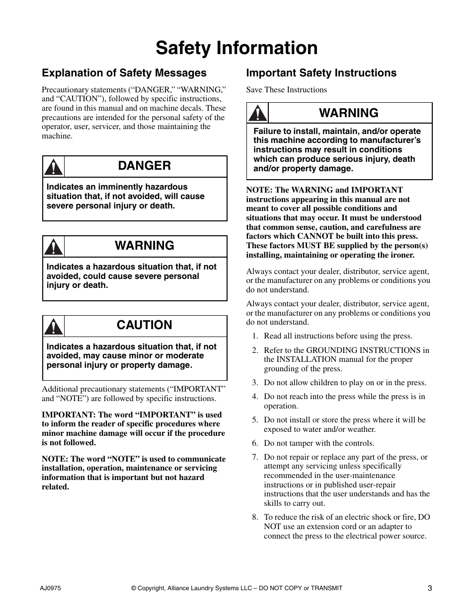 Safety information, Explanation of safety messages, Important safety instructions | Danger, Warning, Caution | Cissell CAB438C User Manual | Page 5 / 32