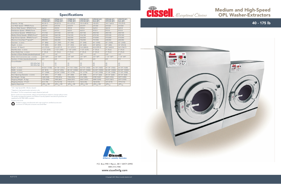 Medium and high-speed opl washer-extractors, Exceptional choices, Specifications | Cissell 40-175 lb User Manual | Page 2 / 4