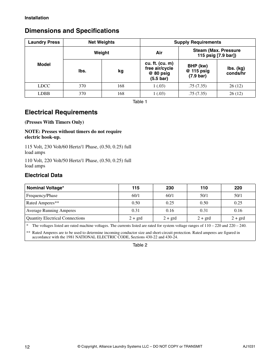Electrical data | Cissell LDBB User Manual | Page 14 / 22
