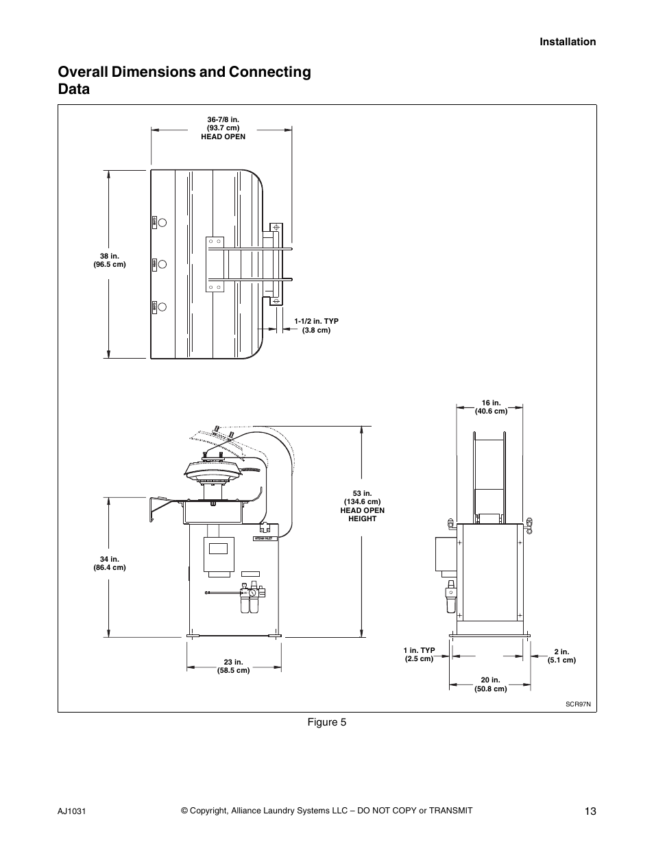 Overall dimensions and connecting data, Installation 13, Figure 5 | Aj1031 | Cissell LDBB User Manual | Page 15 / 22