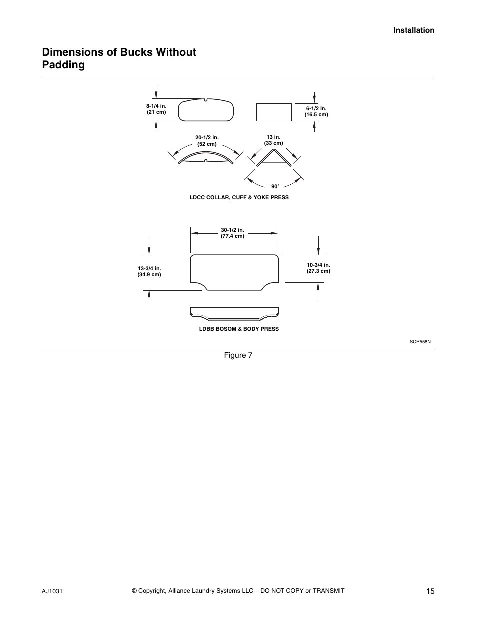 Dimensions of bucks without padding, Installation 15, Figure 7 | Cissell LDBB User Manual | Page 17 / 22