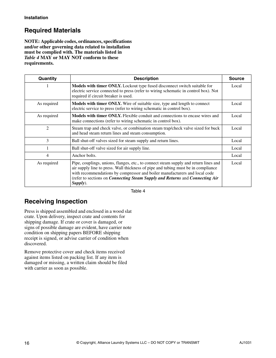 Required materials receiving inspection, Required materials, Receiving inspection | Cissell LDBB User Manual | Page 18 / 22