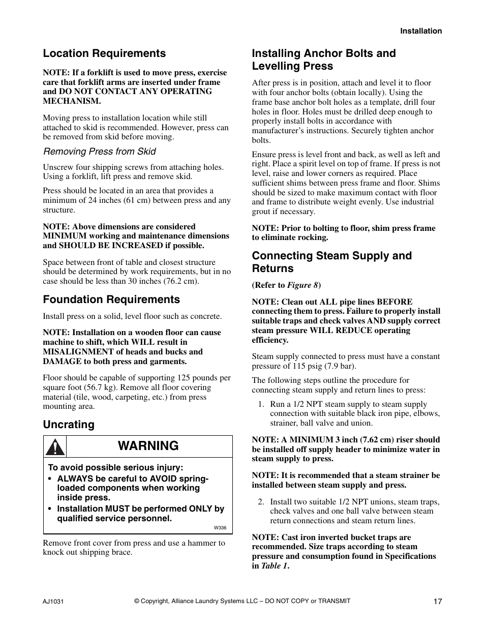 Warning, Location requirements, Foundation requirements | Uncrating, Installing anchor bolts and levelling press, Connecting steam supply and returns | Cissell LDBB User Manual | Page 19 / 22