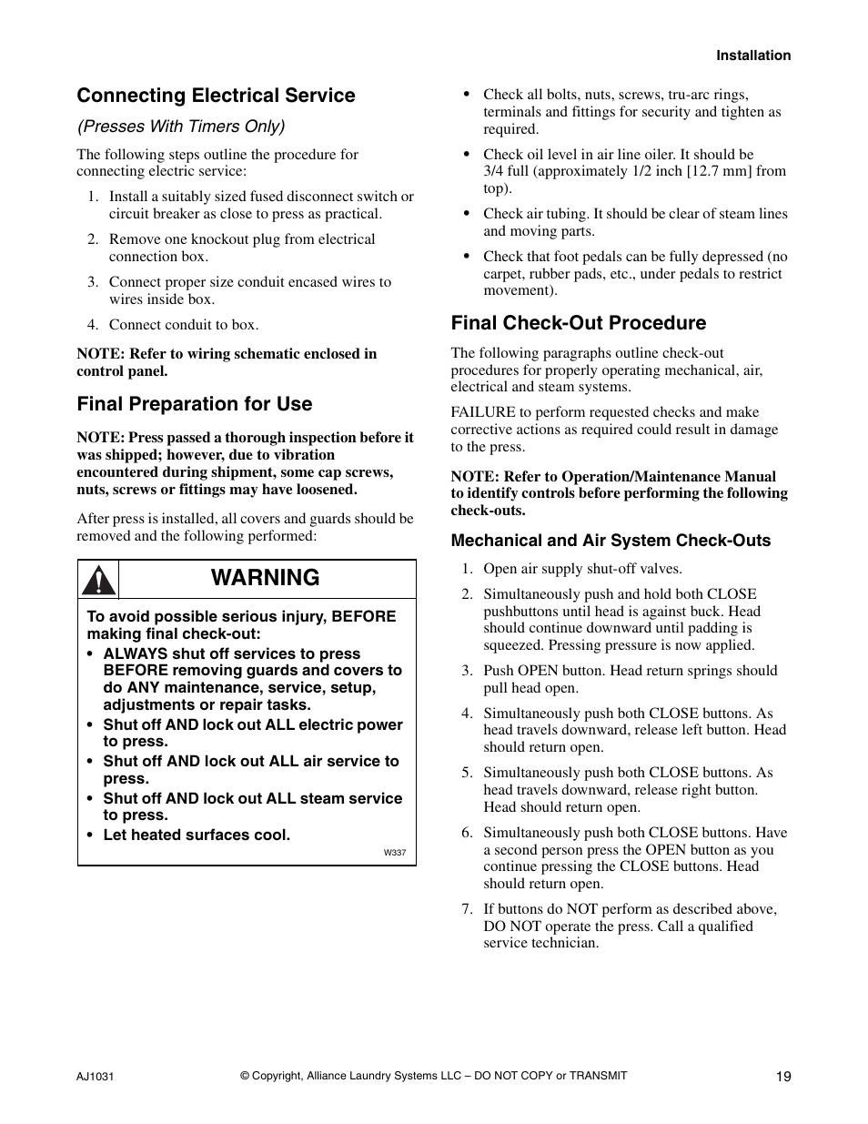 Mechanical and air system check-outs, Warning, Connecting electrical service | Final preparation for use, Final check-out procedure | Cissell LDBB User Manual | Page 21 / 22