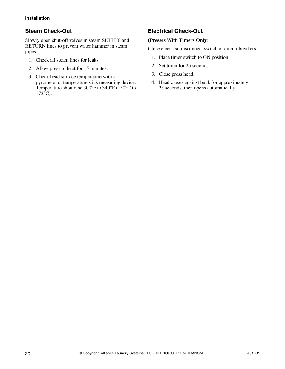 Steam check-out electrical check-out | Cissell LDBB User Manual | Page 22 / 22