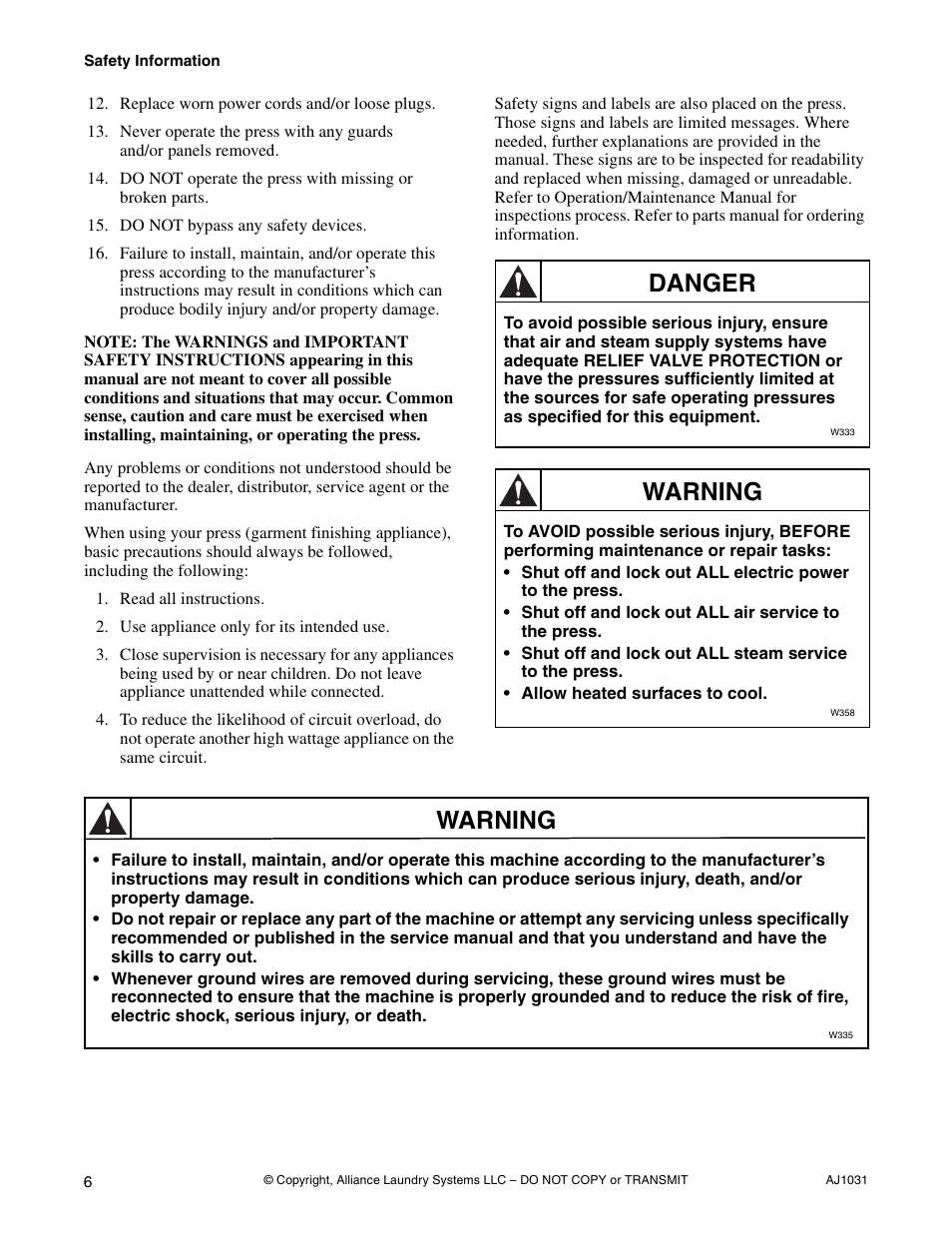 Danger, Warning | Cissell LDBB User Manual | Page 8 / 22