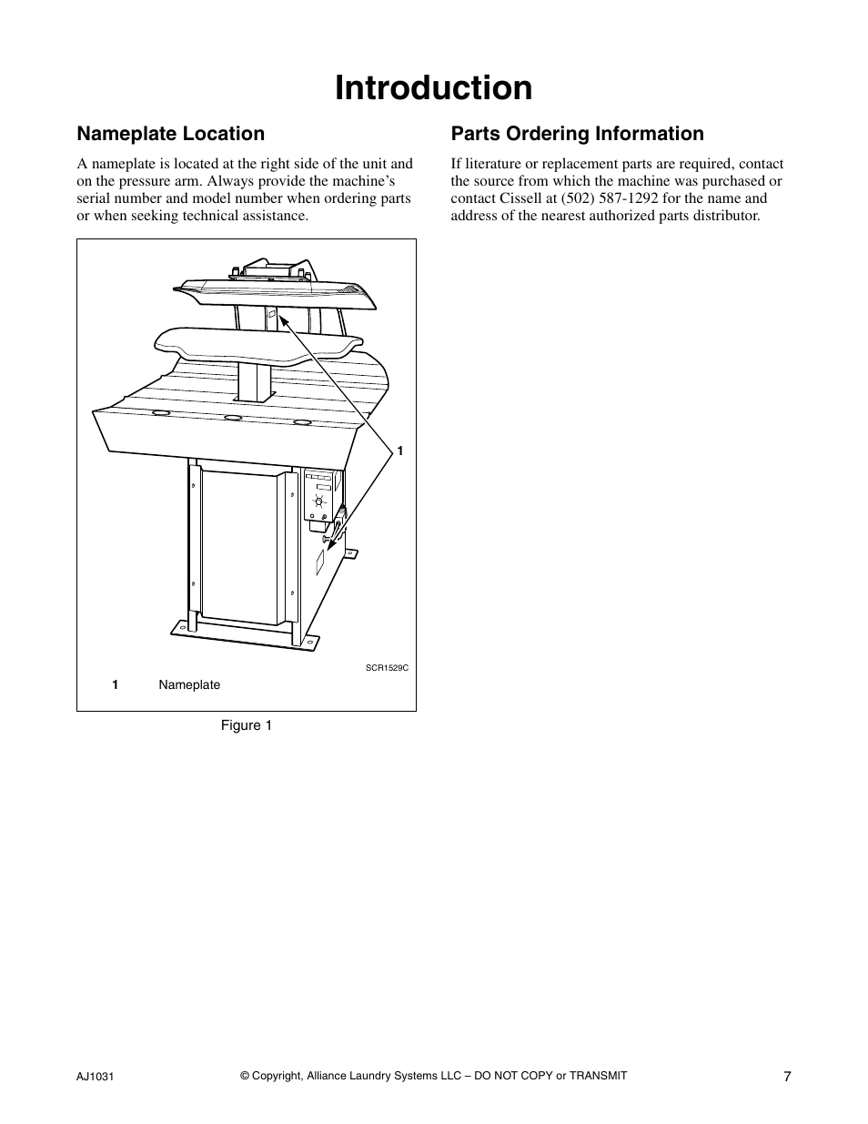 Introduction, Nameplate location, Parts ordering information | Cissell LDBB User Manual | Page 9 / 22