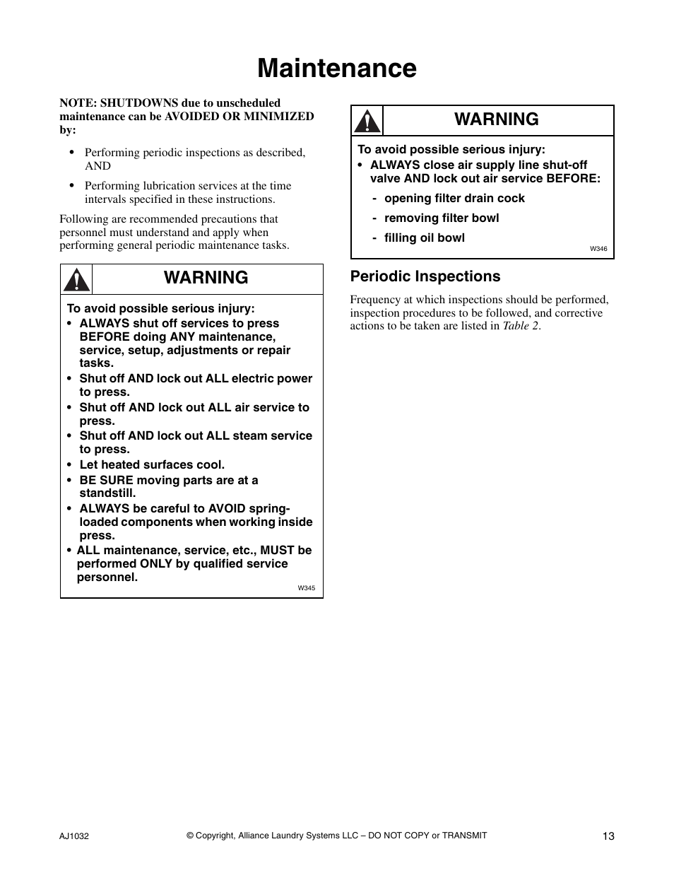 Maintenance, Periodic inspections, Warning | Cissell AJ1032 User Manual | Page 15 / 22
