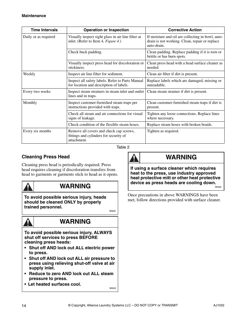 Cleaning press head, Warning | Cissell AJ1032 User Manual | Page 16 / 22