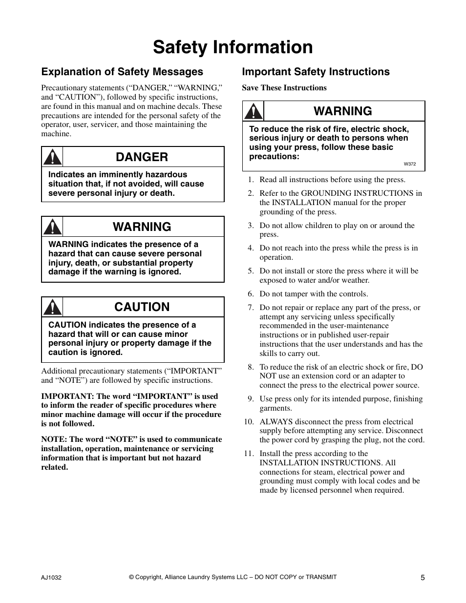 Safety information, Explanation of safety messages, Important safety instructions | Danger, Warning, Caution | Cissell AJ1032 User Manual | Page 7 / 22