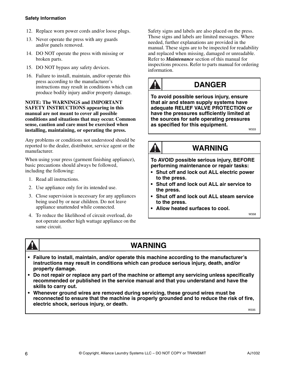 Danger, Warning | Cissell AJ1032 User Manual | Page 8 / 22