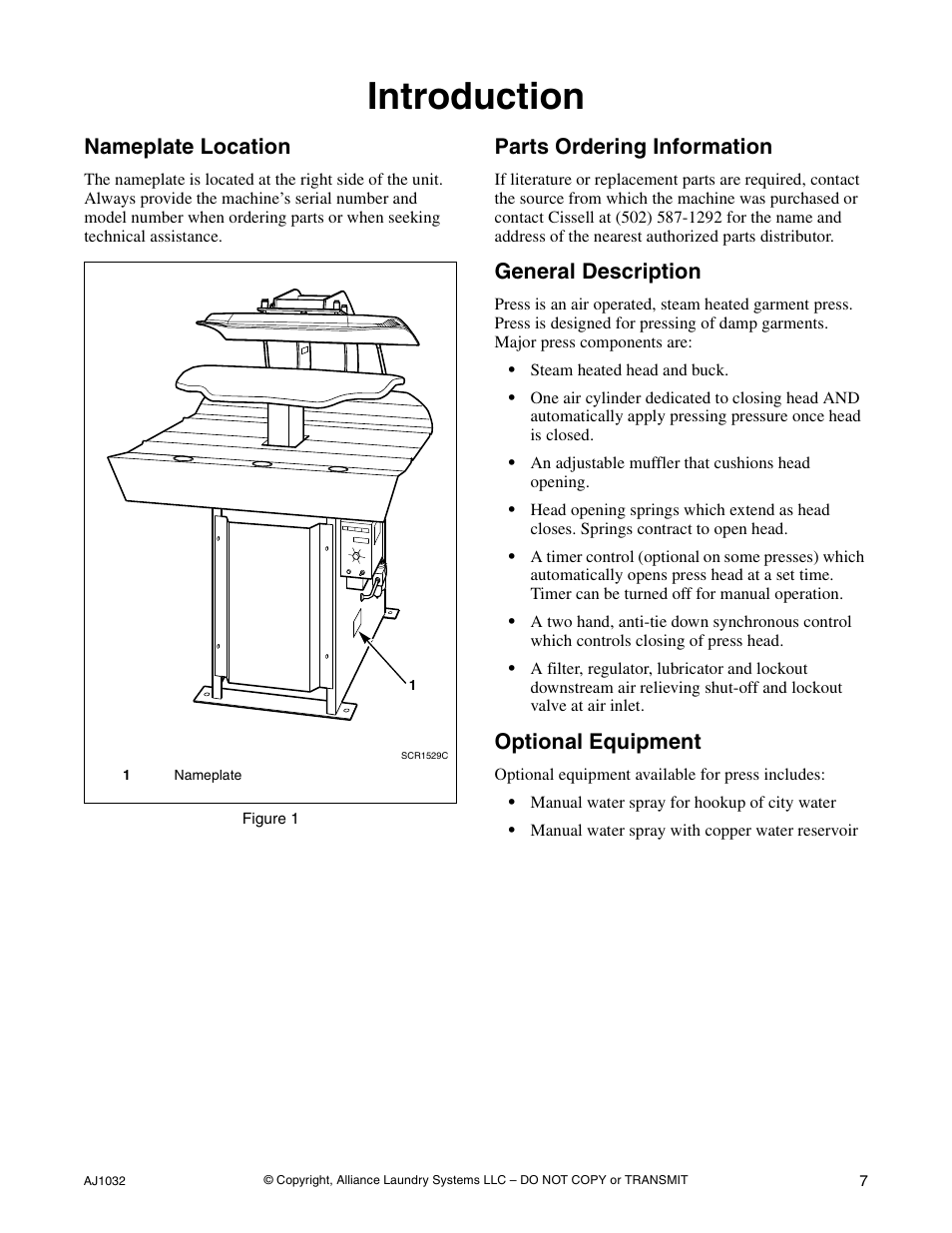 Introduction, Nameplate location, Parts ordering information | General description, Optional equipment | Cissell AJ1032 User Manual | Page 9 / 22