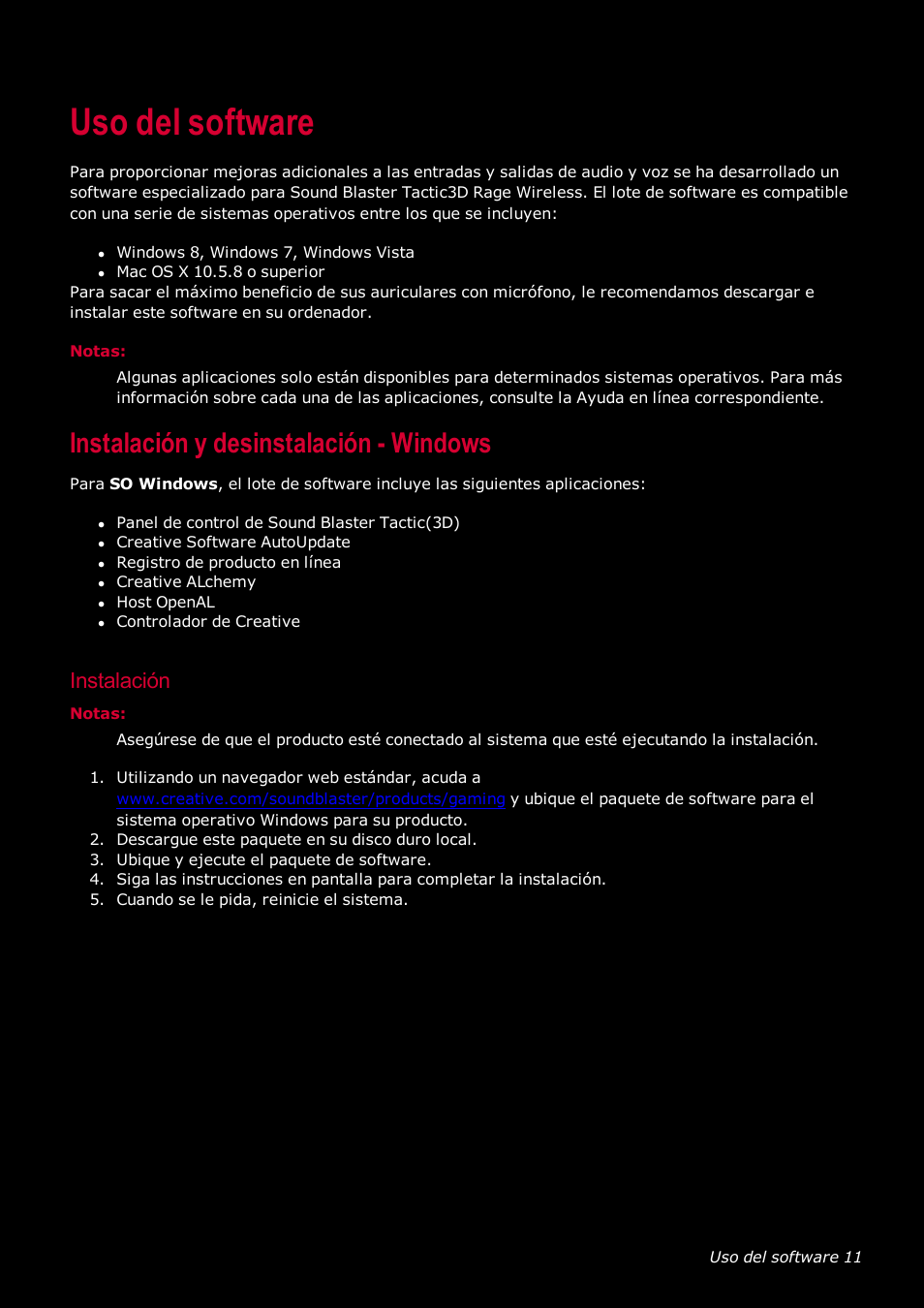 Uso del software, Instalación y desinstalación - windows, Instalación | Creative Labs Tactic 3D Rage GH0220A User Manual | Page 12 / 32