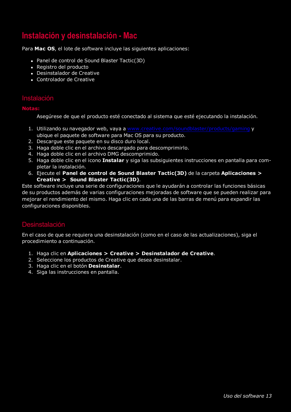Instalación y desinstalación - mac, Instalación, Desinstalación | Creative Labs Tactic 3D Rage GH0220A User Manual | Page 14 / 32