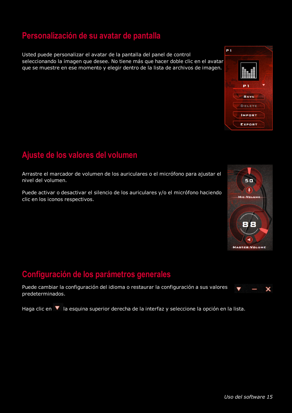 Personalización de su avatar de pantalla, Ajuste de los valores del volumen, Configuración de los parámetros generales | Creative Labs Tactic 3D Rage GH0220A User Manual | Page 16 / 32