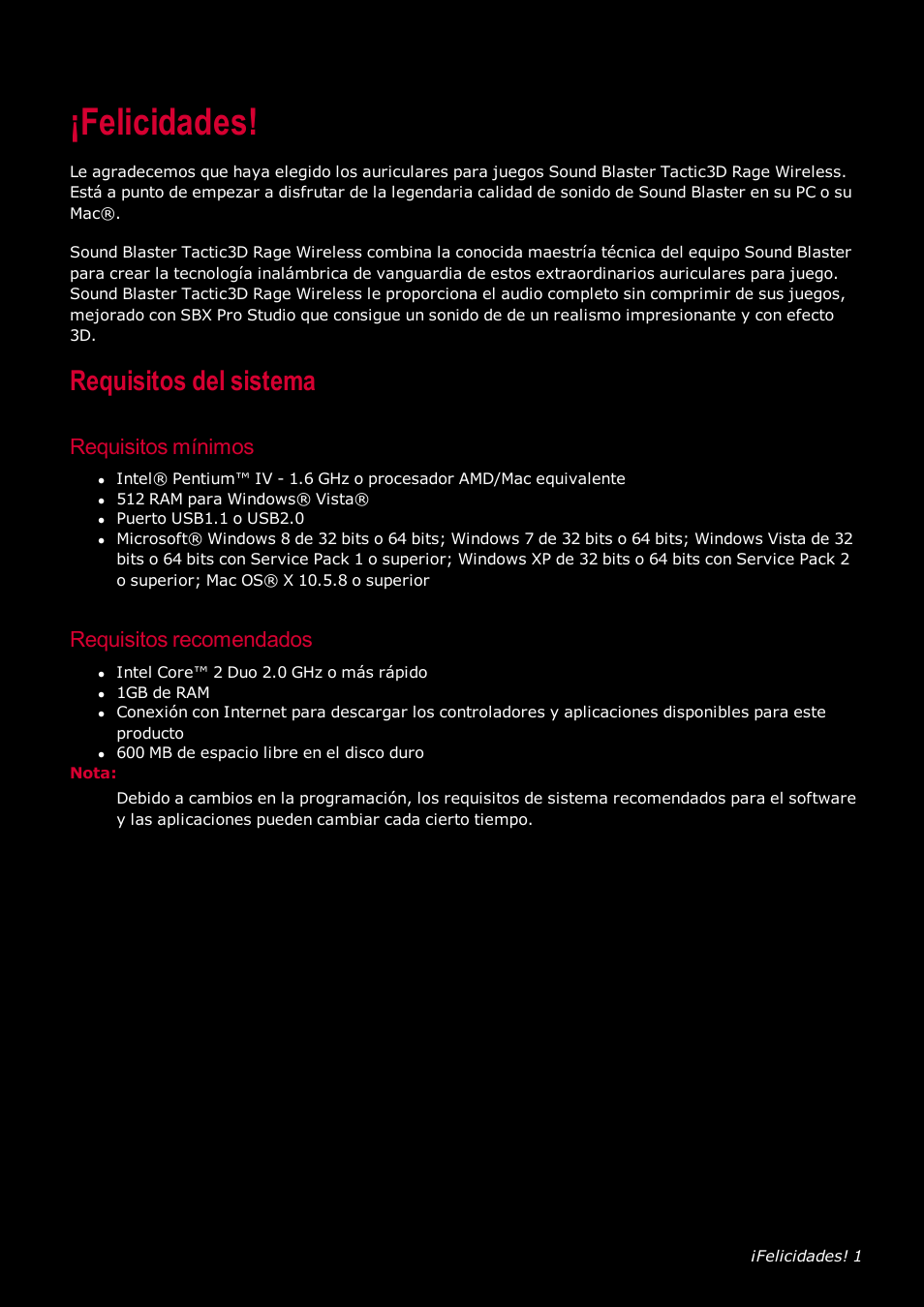 Felicidades, Requisitos del sistema, Requisitos mínimos | Requisitos recomendados | Creative Labs Tactic 3D Rage GH0220A User Manual | Page 2 / 32
