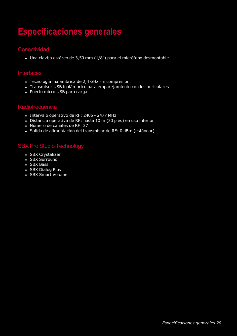Especificaciones generales, Conectividad, Interfaces | Radiofrecuencia, Sbx pro studio technology | Creative Labs Tactic 3D Rage GH0220A User Manual | Page 21 / 32
