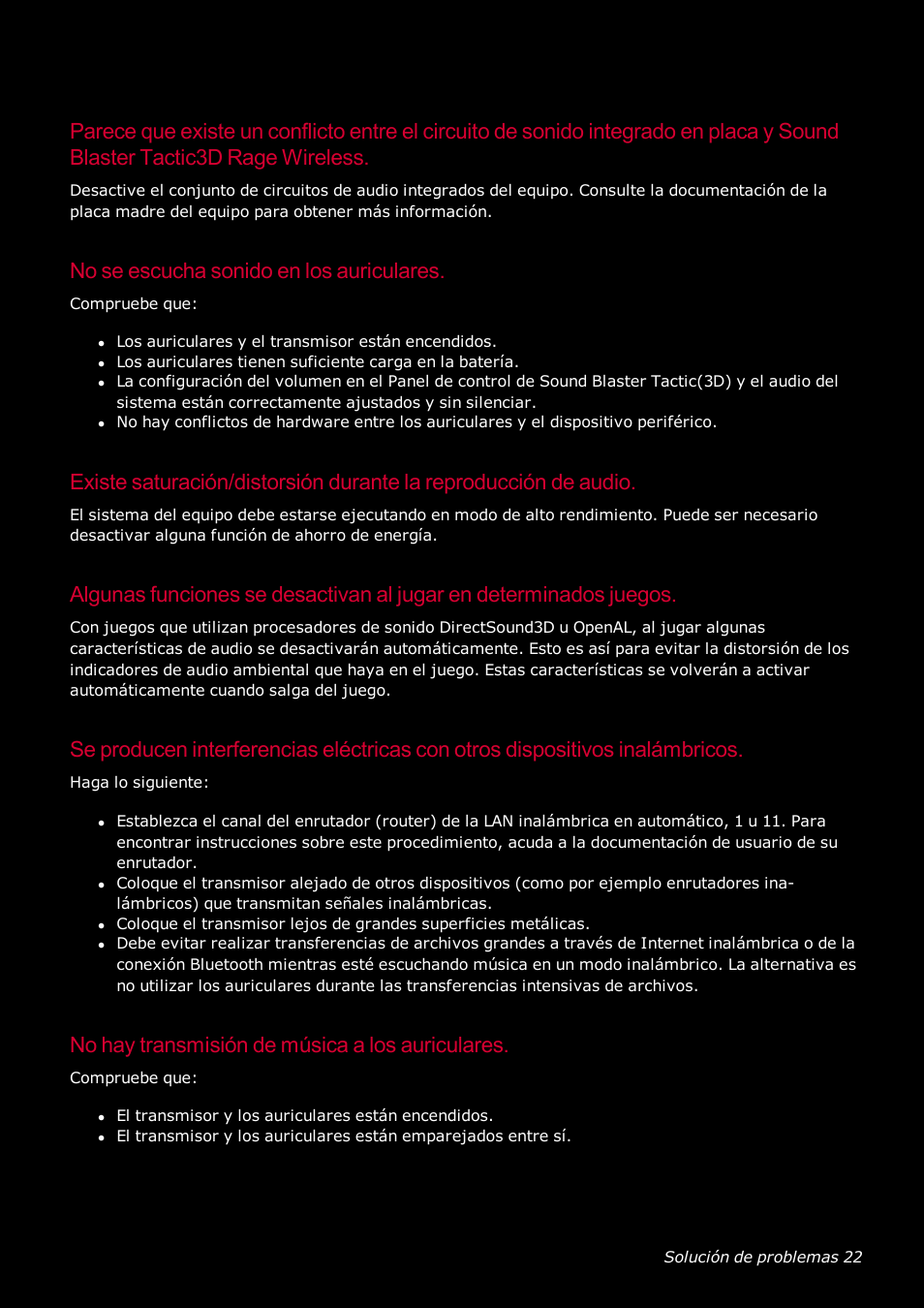 No se escucha sonido en los auriculares, No hay transmisión de música a los auriculares | Creative Labs Tactic 3D Rage GH0220A User Manual | Page 23 / 32