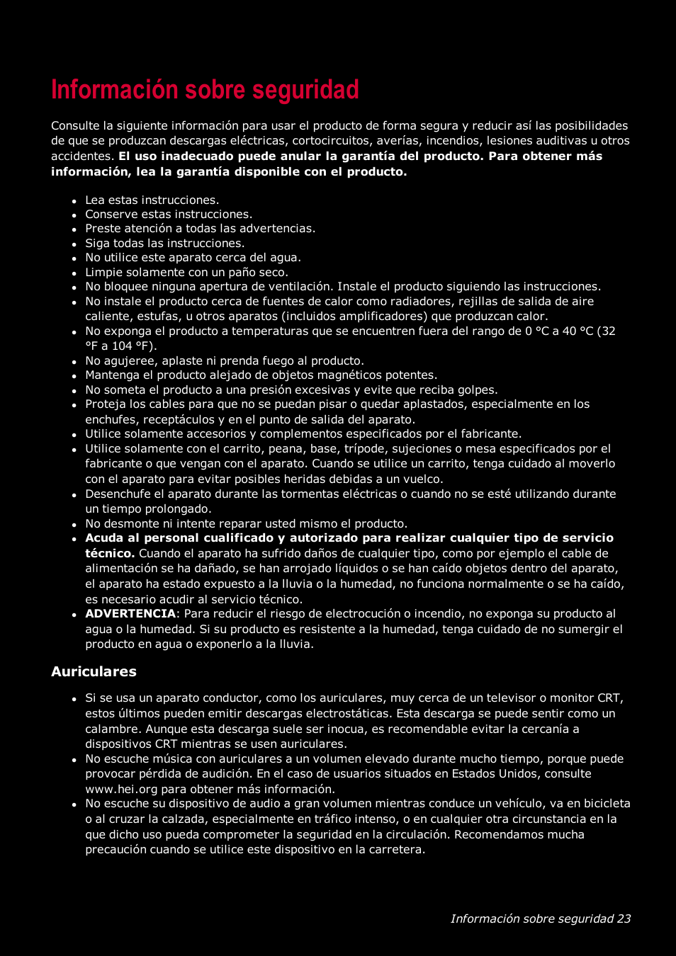 Información sobre seguridad, Auriculares | Creative Labs Tactic 3D Rage GH0220A User Manual | Page 24 / 32