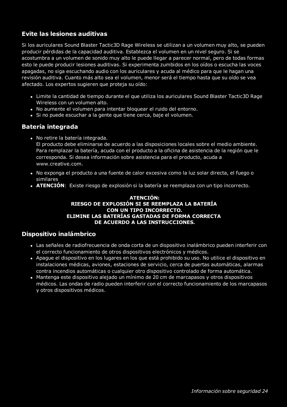 Evite las lesiones auditivas, Batería integrada, Dispositivo inalámbrico | Creative Labs Tactic 3D Rage GH0220A User Manual | Page 25 / 32