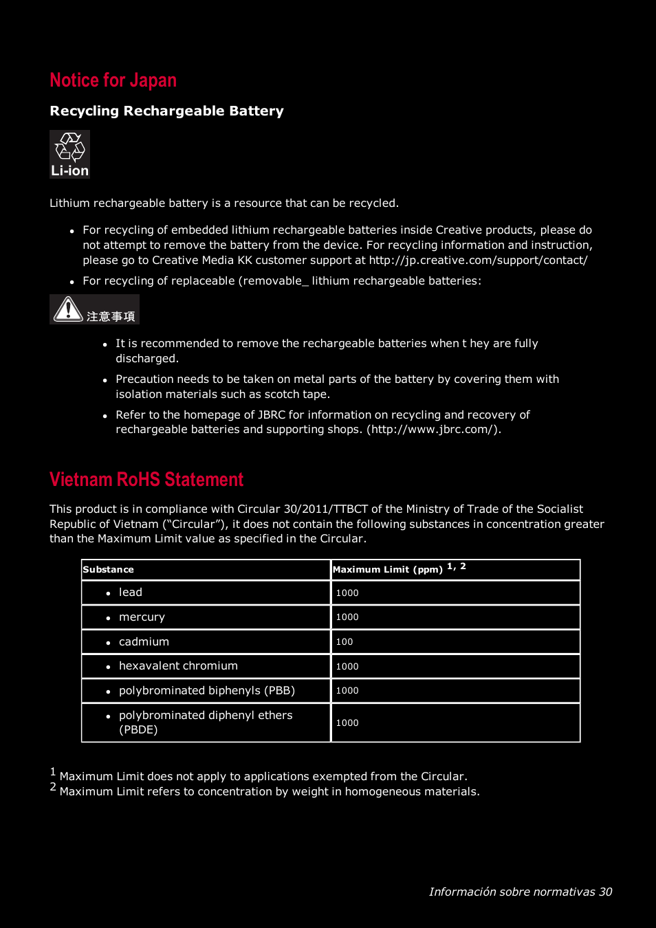 Notice for japan, Recycling rechargeable battery, Vietnam rohs statement | Li-ion | Creative Labs Tactic 3D Rage GH0220A User Manual | Page 31 / 32