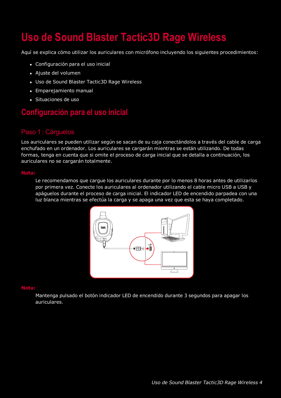 Uso de sound blaster tactic3d rage wireless, Configuración para el uso inicial, Paso 1 : cárguelos | Creative Labs Tactic 3D Rage GH0220A User Manual | Page 5 / 32