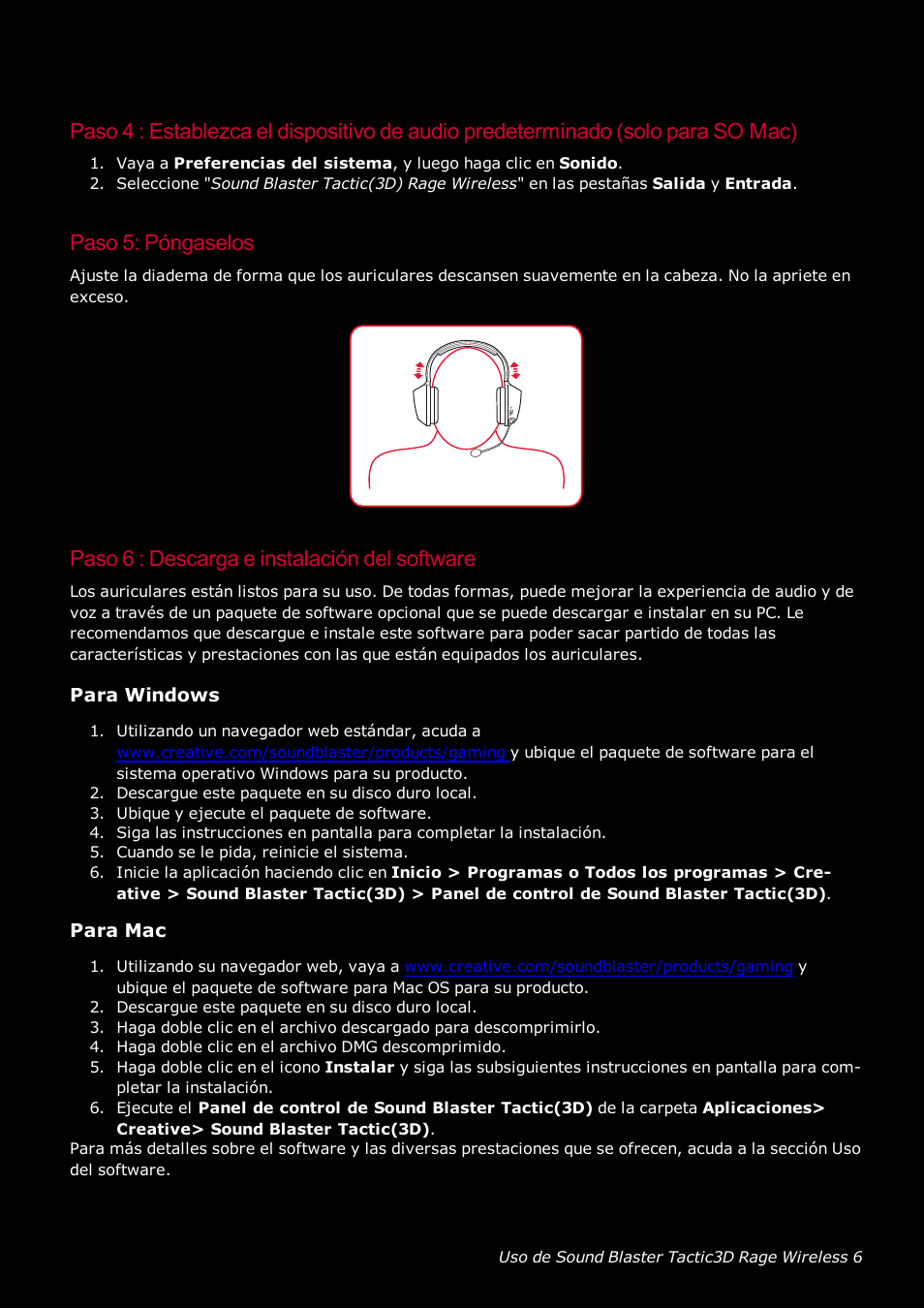 Paso 5: póngaselos, Paso 6 : descarga e instalación del software, Para windows | Para mac | Creative Labs Tactic 3D Rage GH0220A User Manual | Page 7 / 32