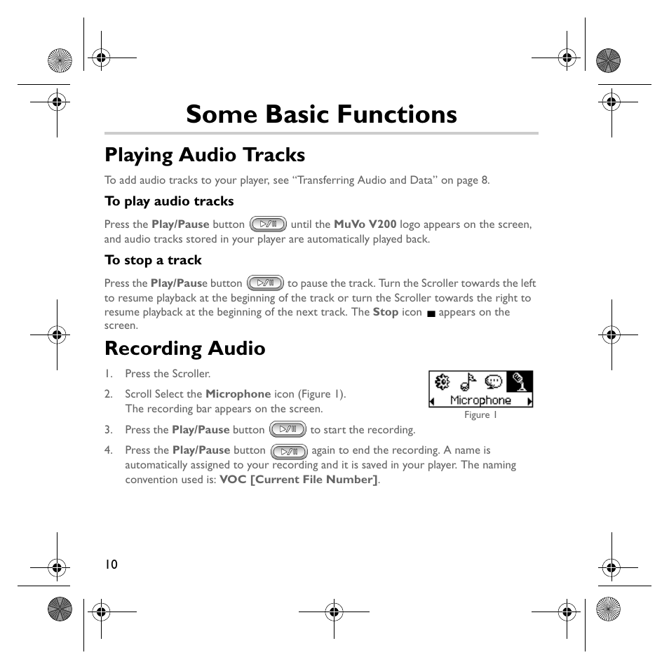 Some basic functions, Playing audio tracks, Recording audio | Creative Labs MuVo V200 User Manual | Page 12 / 71