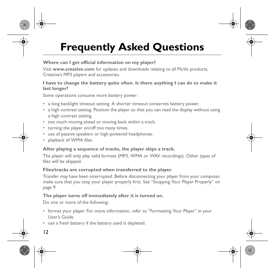 Frequently asked questions | Creative Labs MuVo V200 User Manual | Page 14 / 71