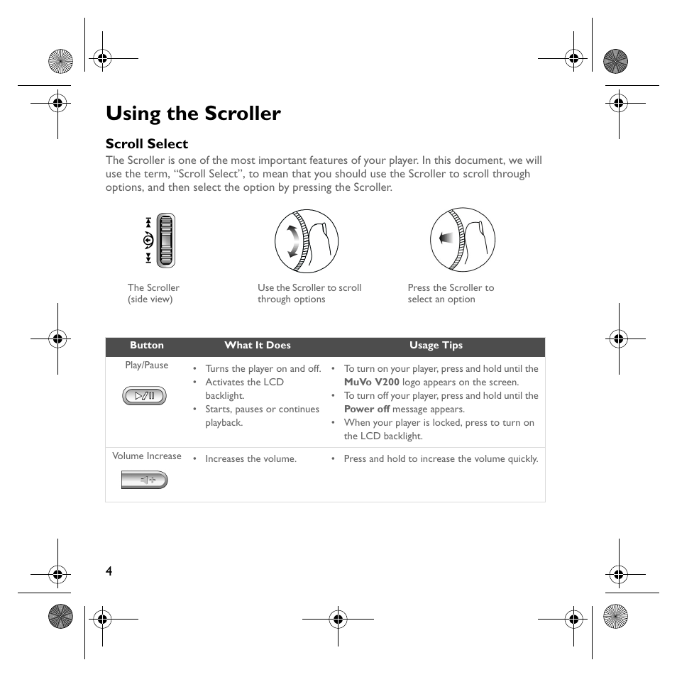 Using the scroller, Scroll select | Creative Labs MuVo V200 User Manual | Page 6 / 71