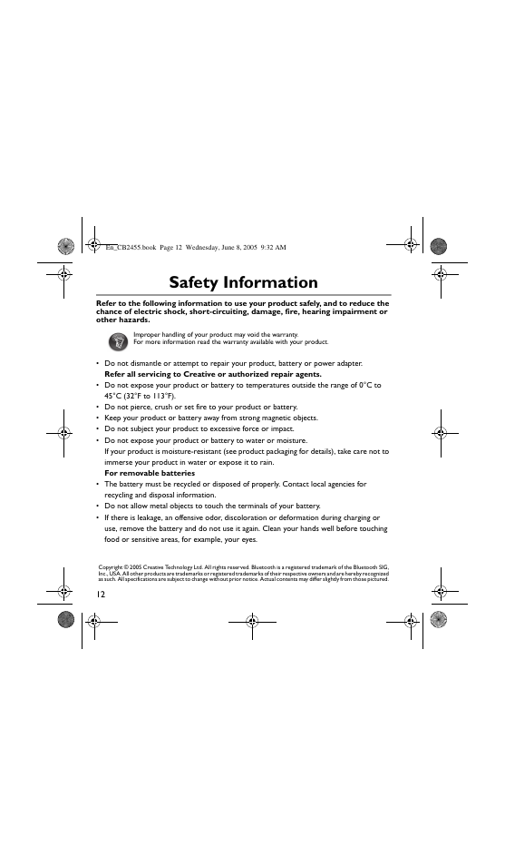 Safety information | Creative Labs Creative Handsfree with Bluetooth Technology CB2455 User Manual | Page 12 / 12
