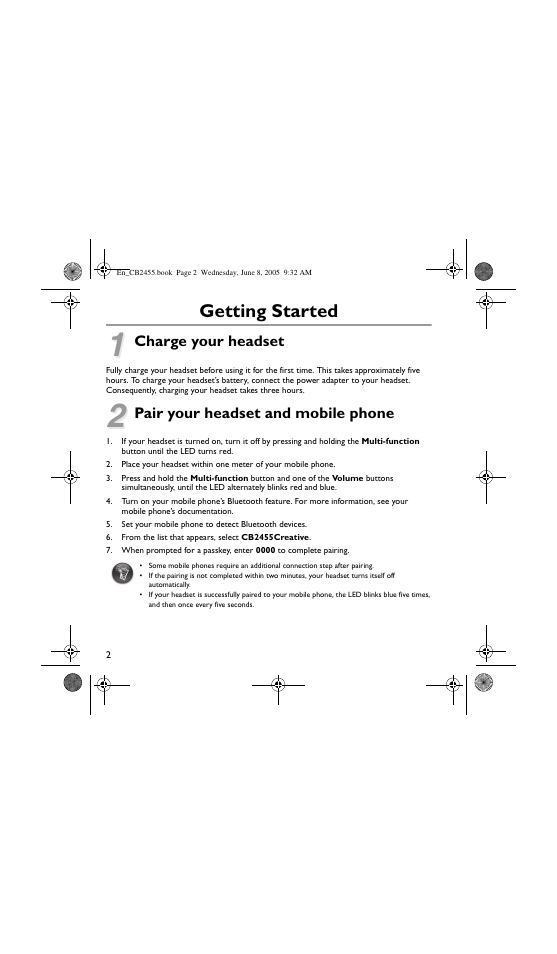 Getting started, Charge your headset, Pair your headset and mobile phone | Creative Labs Creative Handsfree with Bluetooth Technology CB2455 User Manual | Page 2 / 12