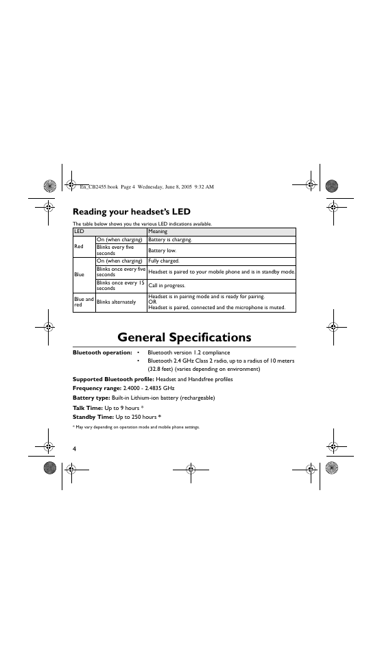 General specifications, Reading your headset’s led | Creative Labs Creative Handsfree with Bluetooth Technology CB2455 User Manual | Page 4 / 12