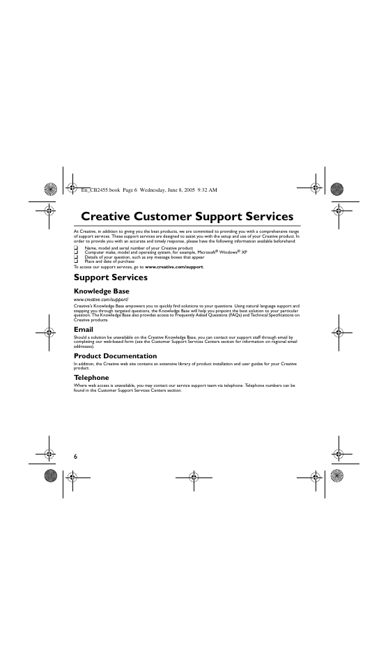 Creative customer support services, Support services, Knowledge base | Email, Product documentation, Telephone | Creative Labs Creative Handsfree with Bluetooth Technology CB2455 User Manual | Page 6 / 12