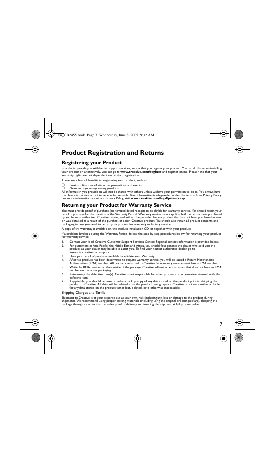 Product registration and returns, Registering your product, Returning your product for warranty service | Creative Labs Creative Handsfree with Bluetooth Technology CB2455 User Manual | Page 7 / 12