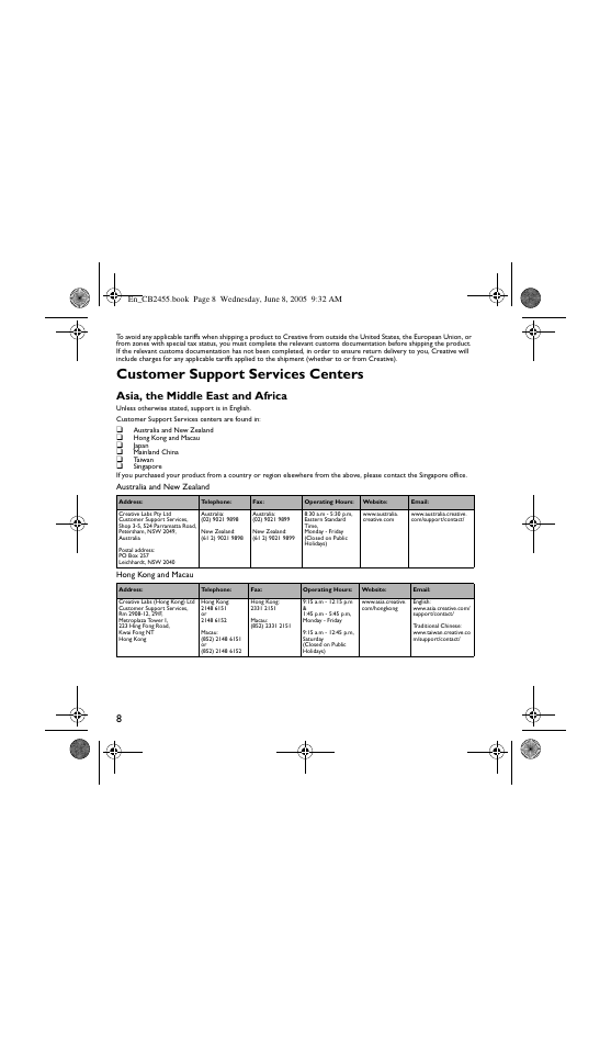 Customer support services centers, Asia, the middle east and africa | Creative Labs Creative Handsfree with Bluetooth Technology CB2455 User Manual | Page 8 / 12