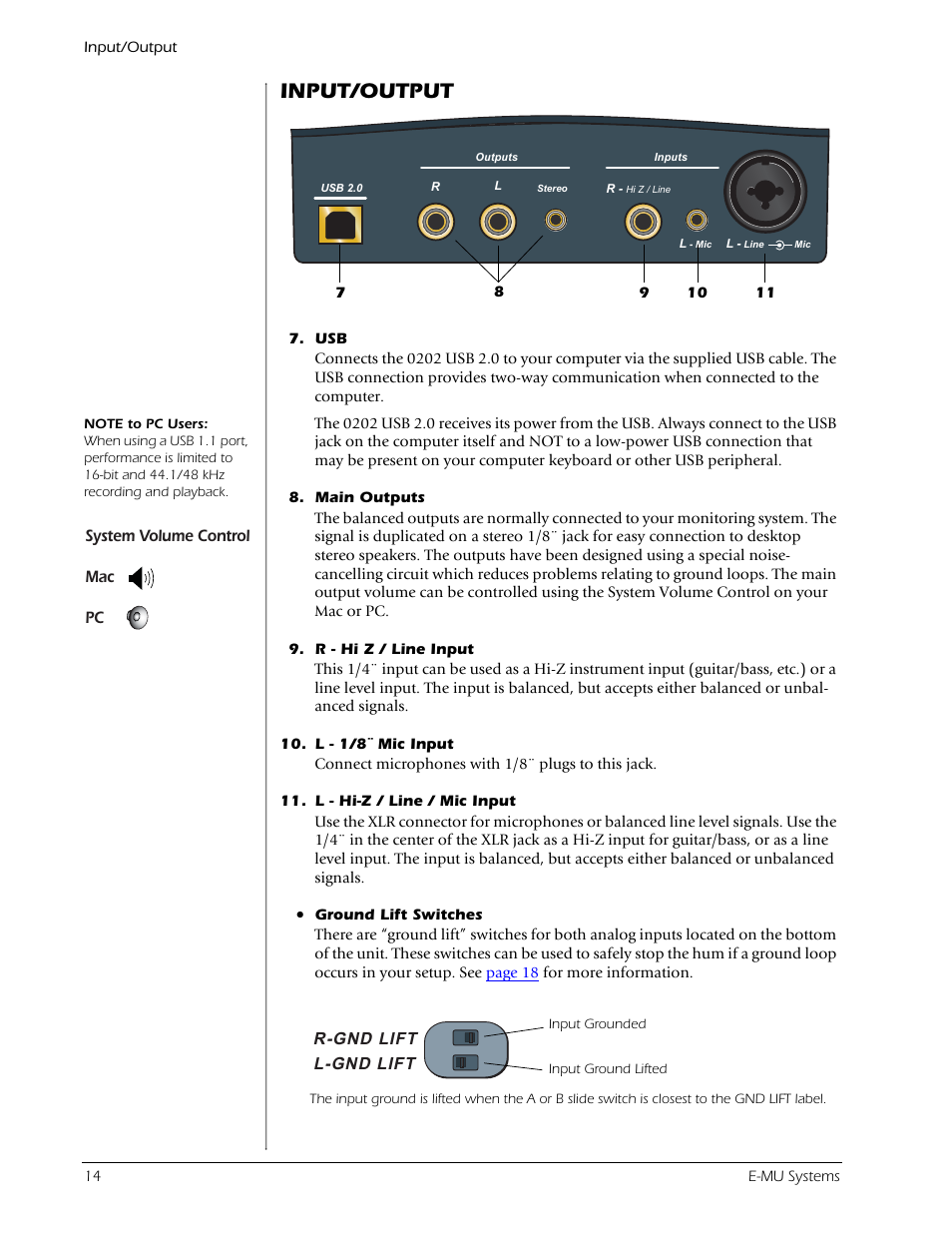 Input/output | Creative Labs Creative E-MU 202 User Manual | Page 14 / 25