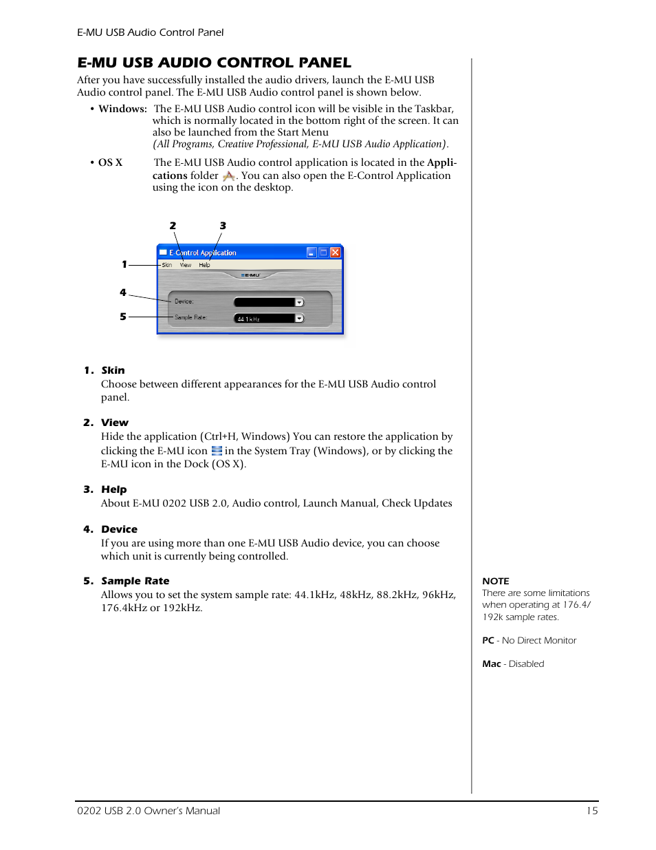 E-mu usb audio control panel | Creative Labs Creative E-MU 202 User Manual | Page 15 / 25
