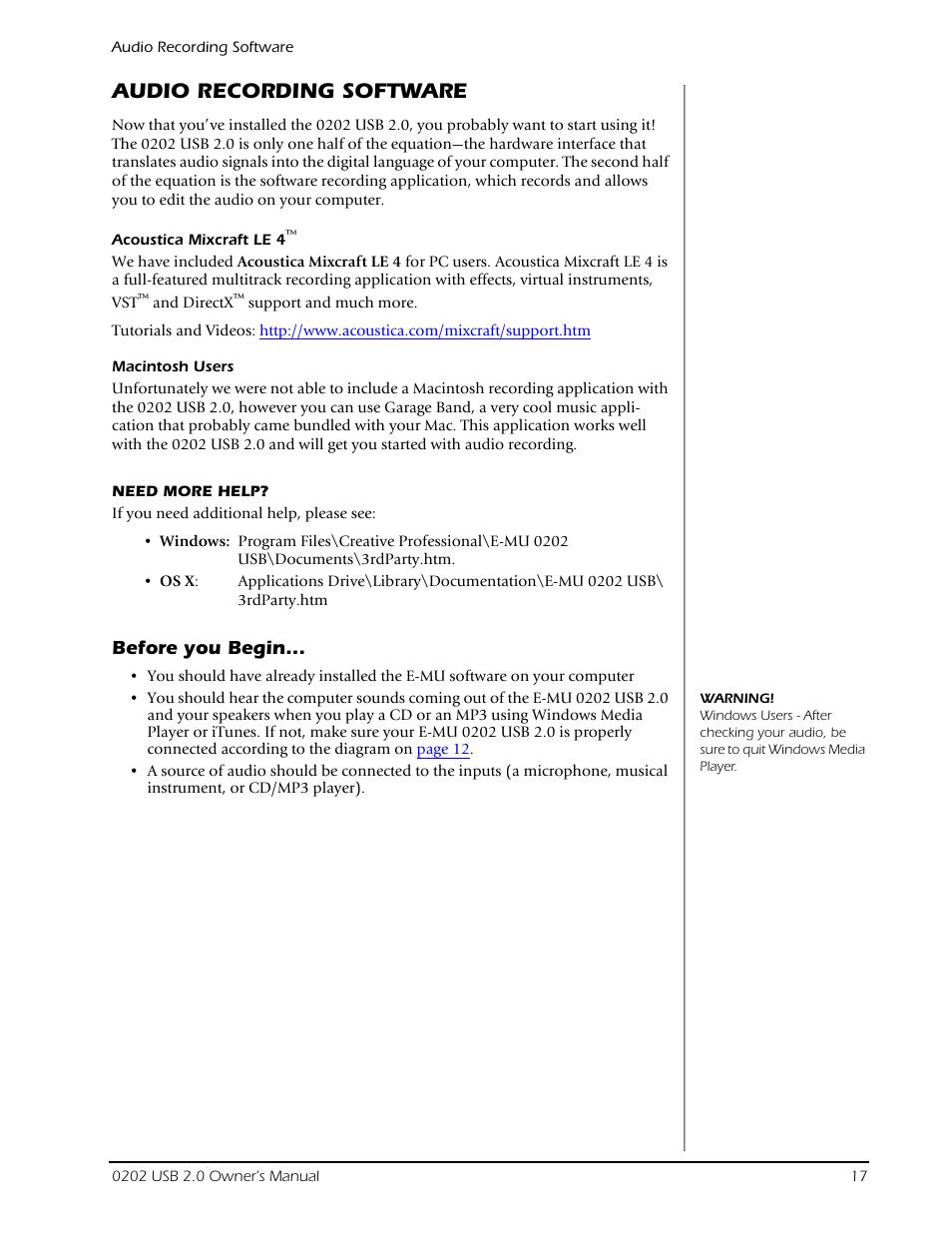 Audio recording software, Before you begin | Creative Labs Creative E-MU 202 User Manual | Page 17 / 25