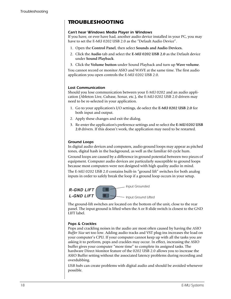 Troubleshooting | Creative Labs Creative E-MU 202 User Manual | Page 18 / 25